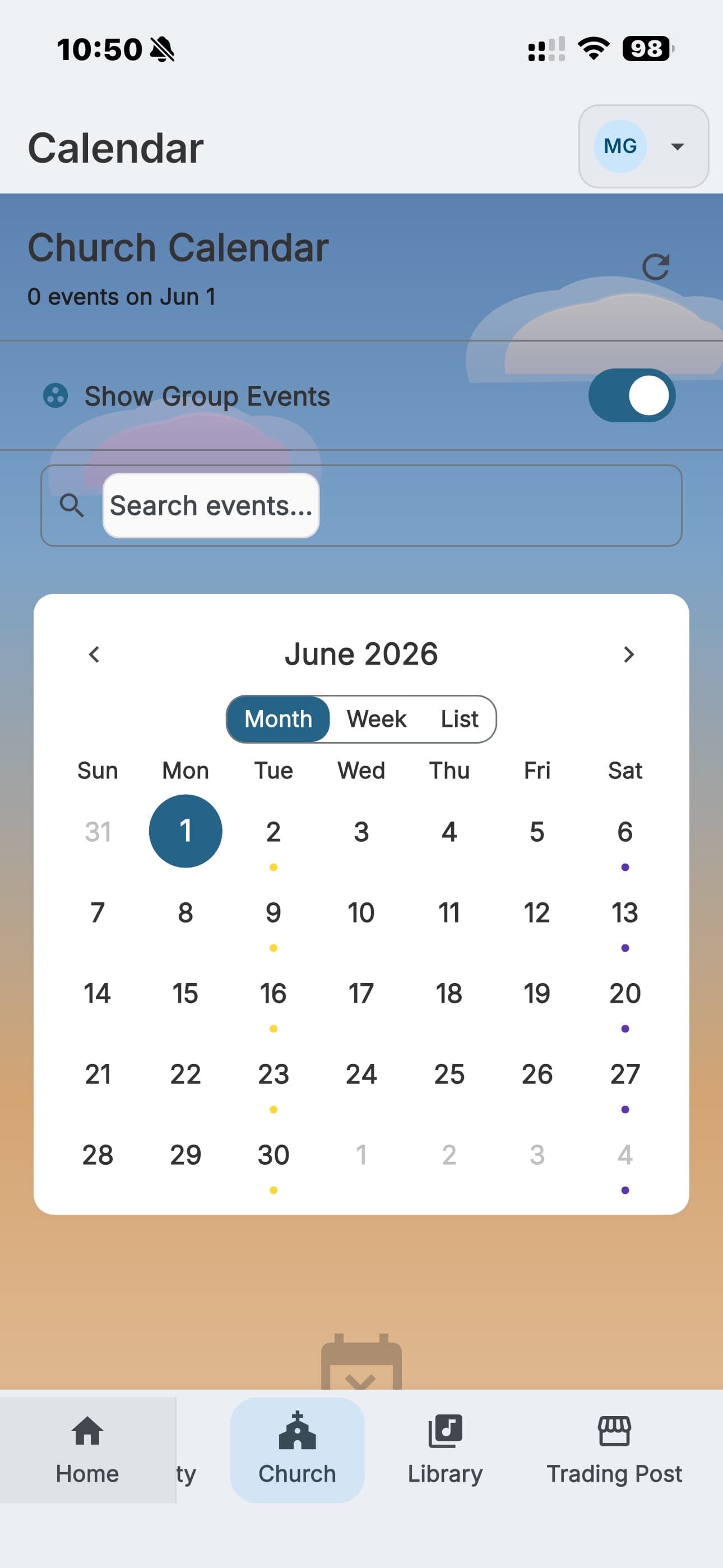 Church calendar in the Anabaptist Connect app