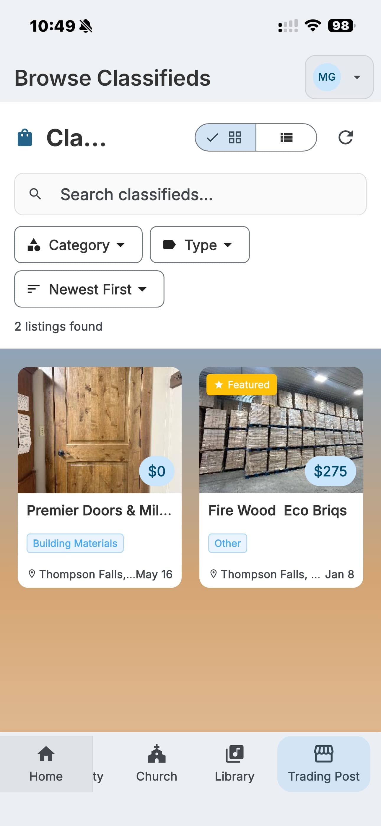 Classifieds marketplace in the Anabaptist Connect app