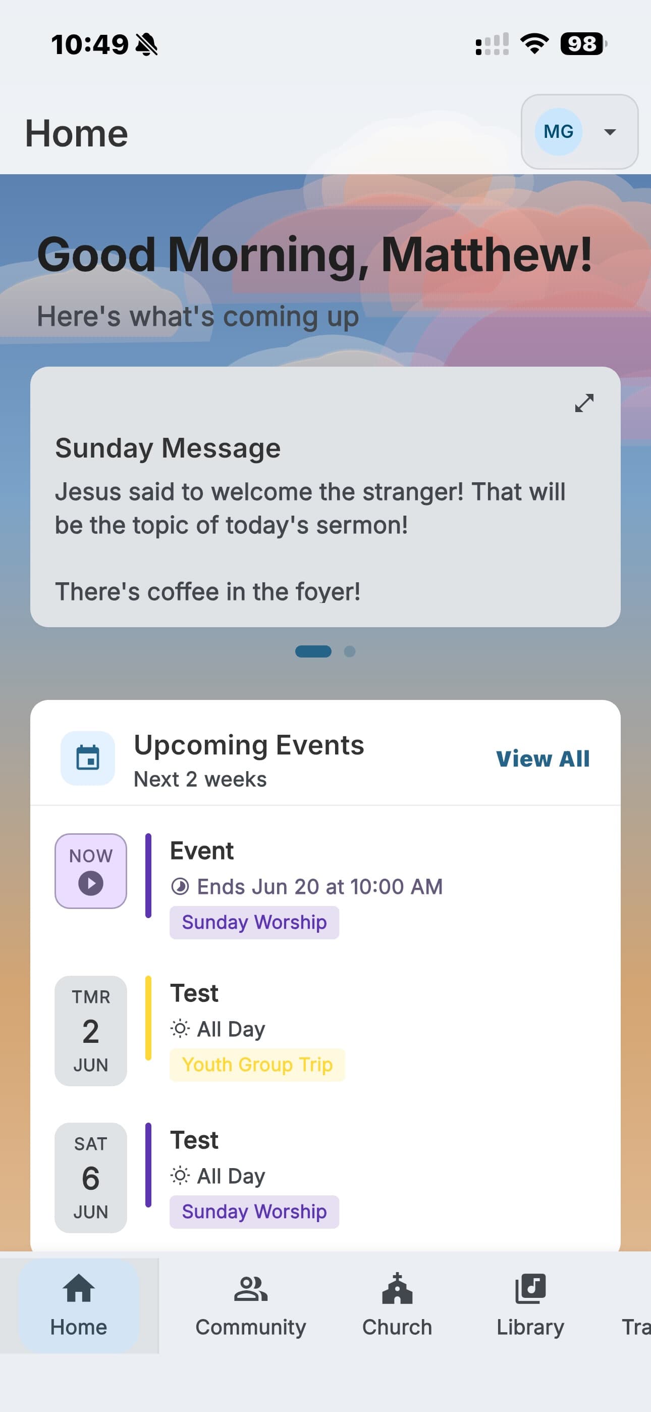 Anabaptist Connect app home screen showing the Sunday message and upcoming events
